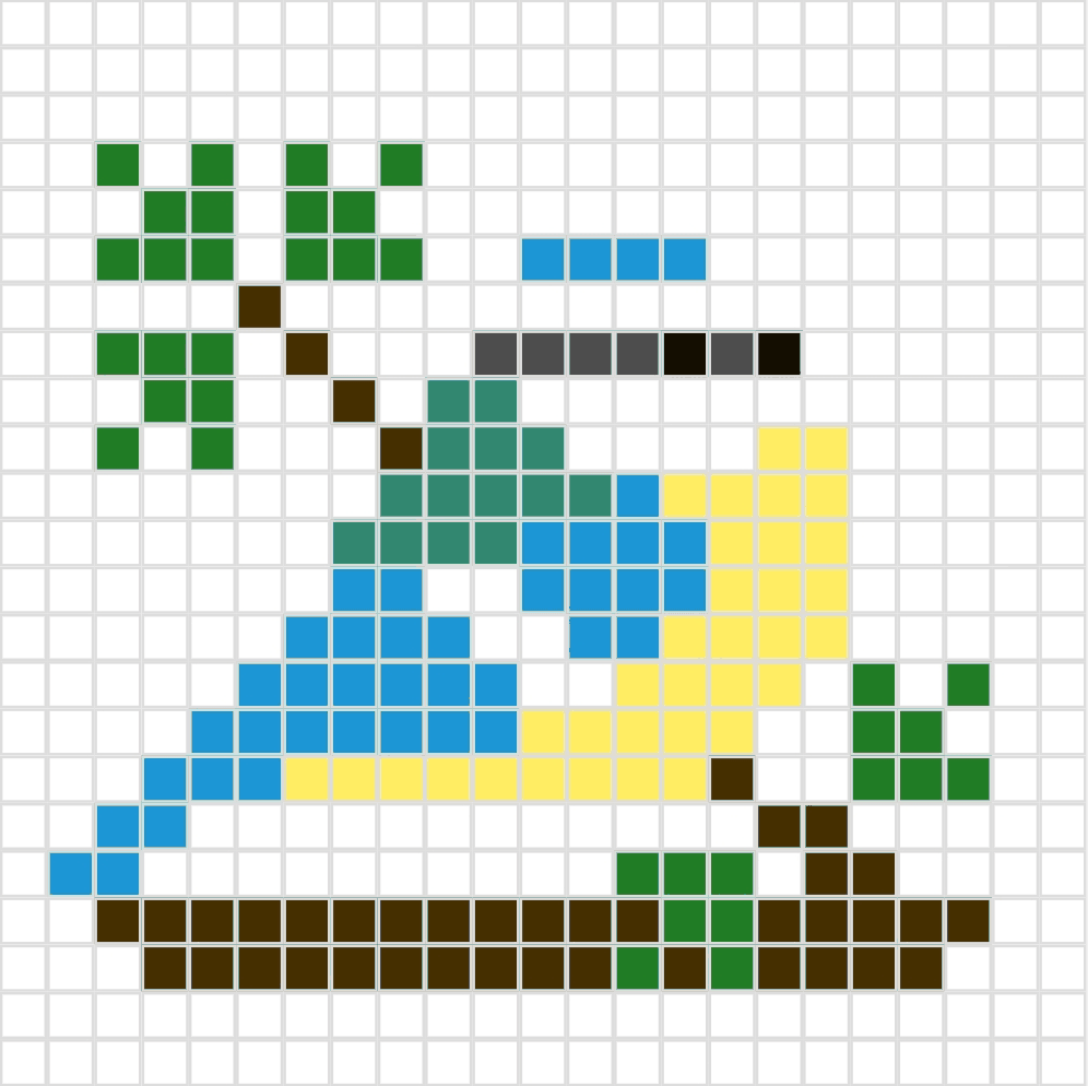 Blue tit on a branch, drawn on a square grid in Kuvio